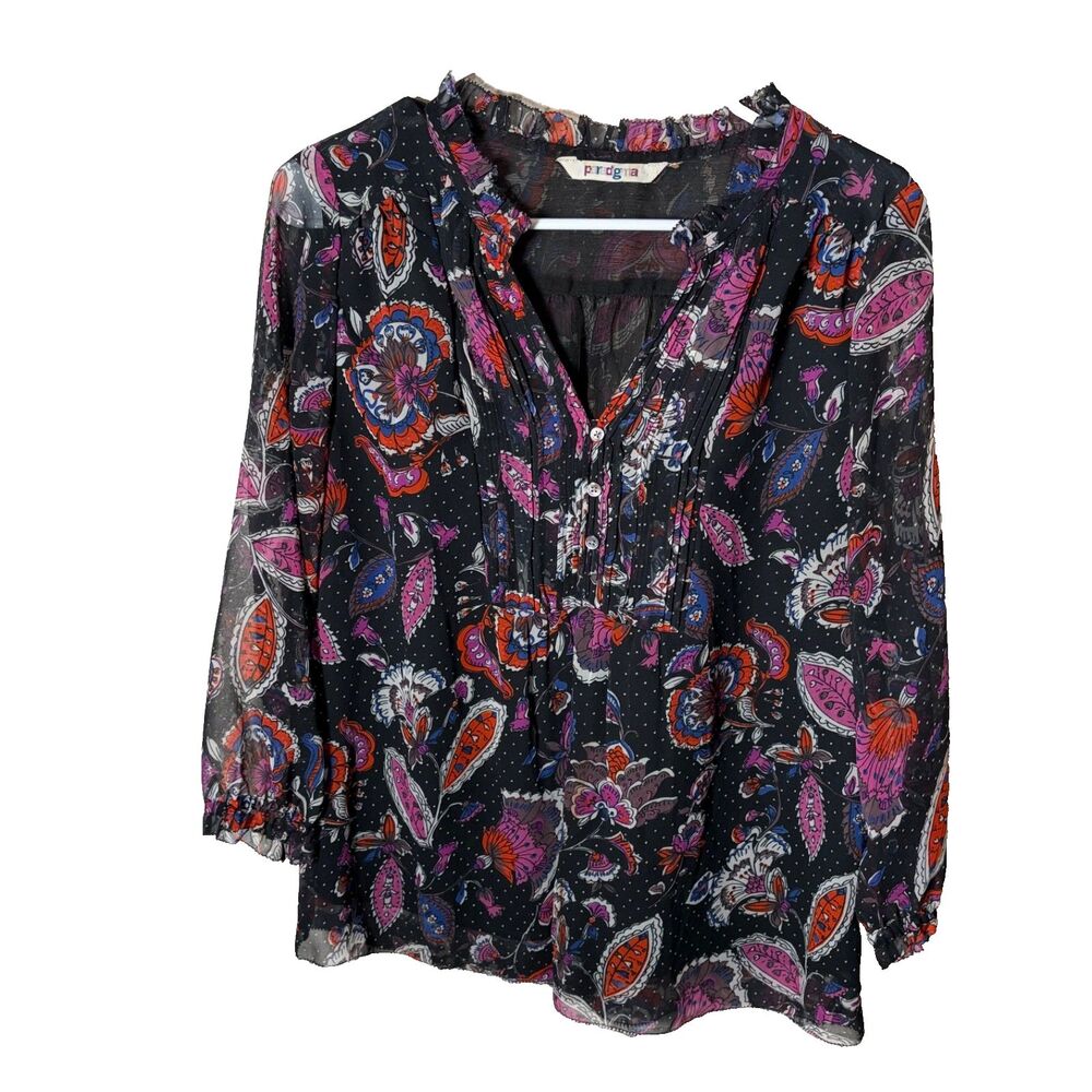 Paradigma Blouse Women's Large V-Neck 3/4 Sleeve Sheer Ruffle Artsy Top